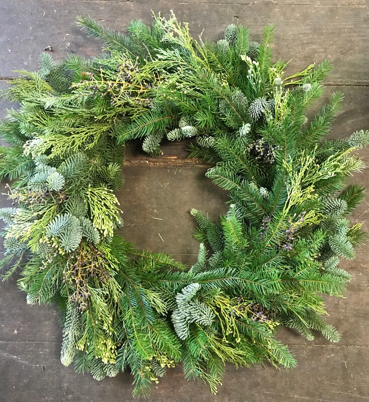 An evergreen wreath of mixed firs and pine, tipped with cones, on wood